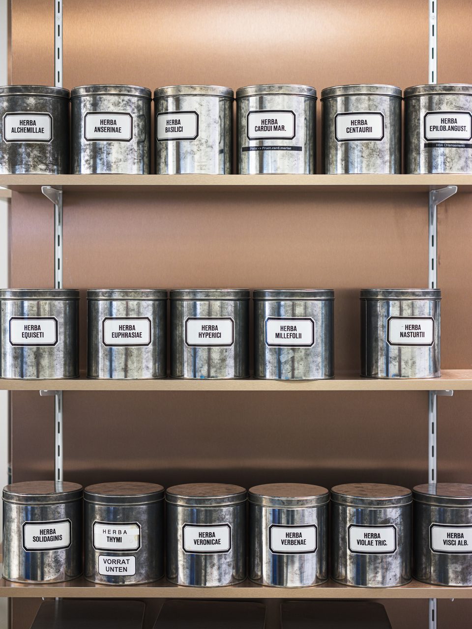 Beschriftete Metalldosen mit Heilkräutern wie Herba Alchemillae und Herba Hyperici im kupferfarbenen Regal