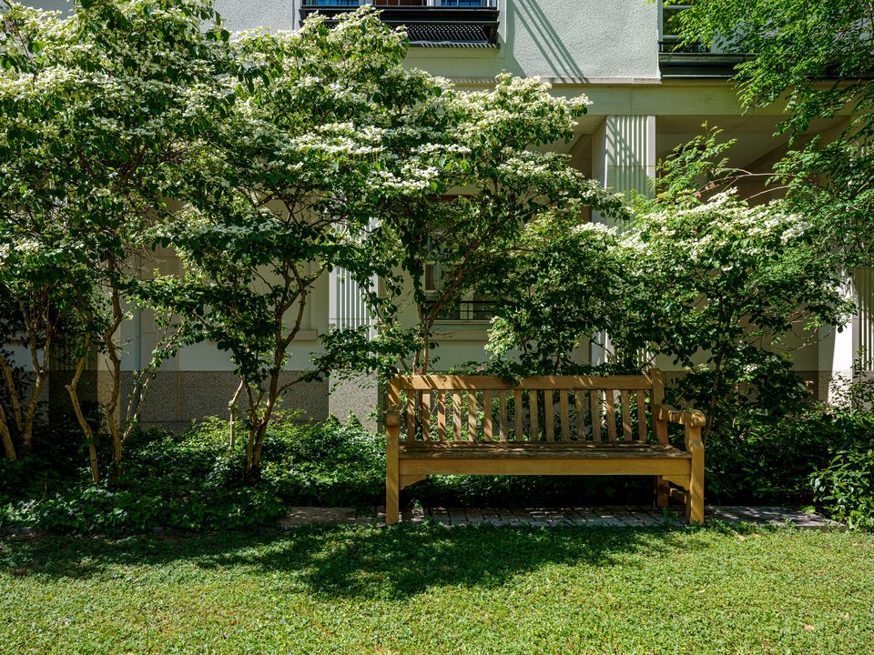 Bank im Halbschatten im Innenhof des Max-Palais