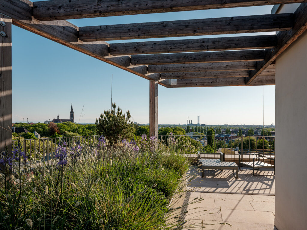 Ein sonniger Blick von einer Dachterrasse mit einem Holzdach aus dicken Balken. Im Vordergrund wachsen üppige Pflanzen mit violetten Blüten und hohen Gräsern entlang eines Geländers. Eine moderne Sitzgruppe aus Metall steht auf einem gefliesten Boden. Im Hintergrund erstreckt sich Münchens Stadtlandschaft mit grünen Bäumen, einem markanten Kirchturm und einigen hohen Gebäuden unter einem klaren blauen Himmel.