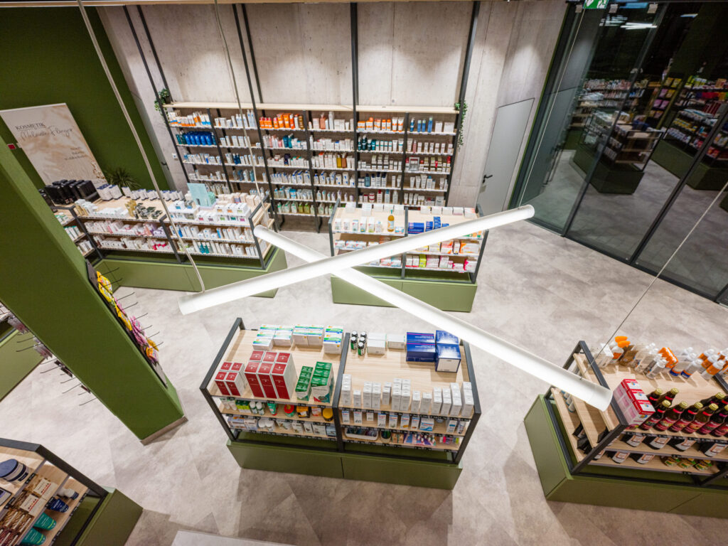 Draufsicht auf den Warenbereich, grafische Wirkung der Raumaufteilung